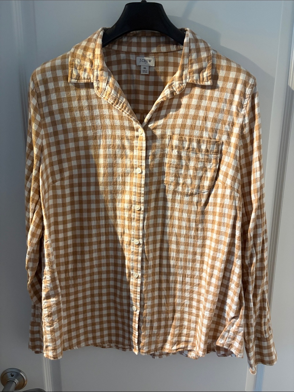 J. Crew women’s Tan and White Gingham Button-Down Shirt